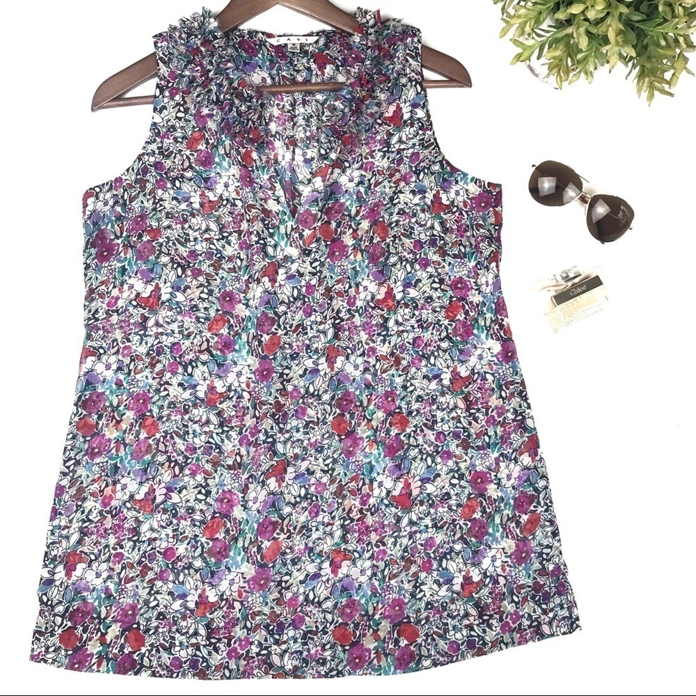 Cabi #355 Liberty Print Ruffle Neck Sheer Sleeveless Blouse Top S